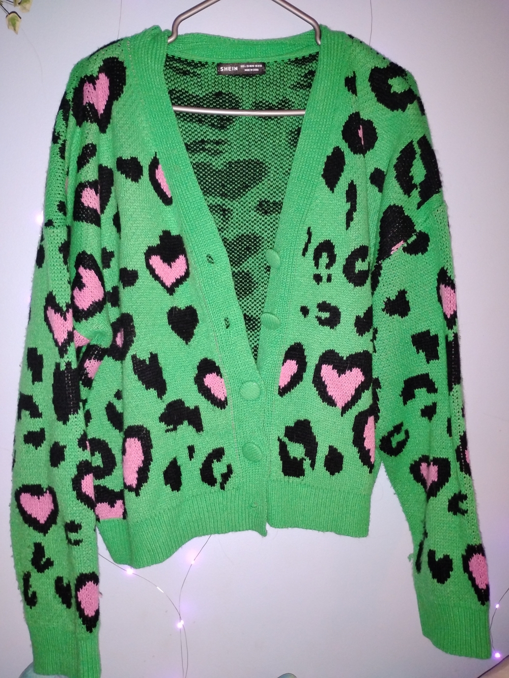 SHEIN Green Knit Cardigan with Pink Heart & Black Leopard Print